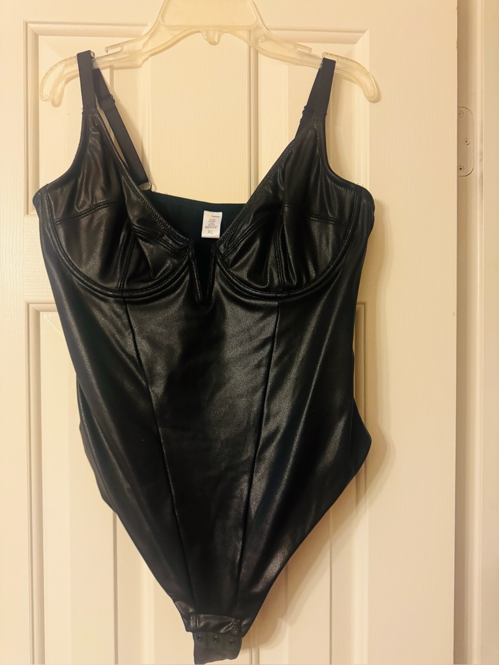 POPILUSH - BLACK FAUX LEATHER Plunging V - One-Piece Bodysuit with Support